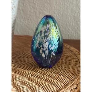 GES Glass Eye Studio Egg Shaped Iridescent Blue Paperweight Signed 1995